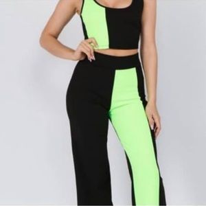 One by one brand neon lime green and black long wide leg dress pants